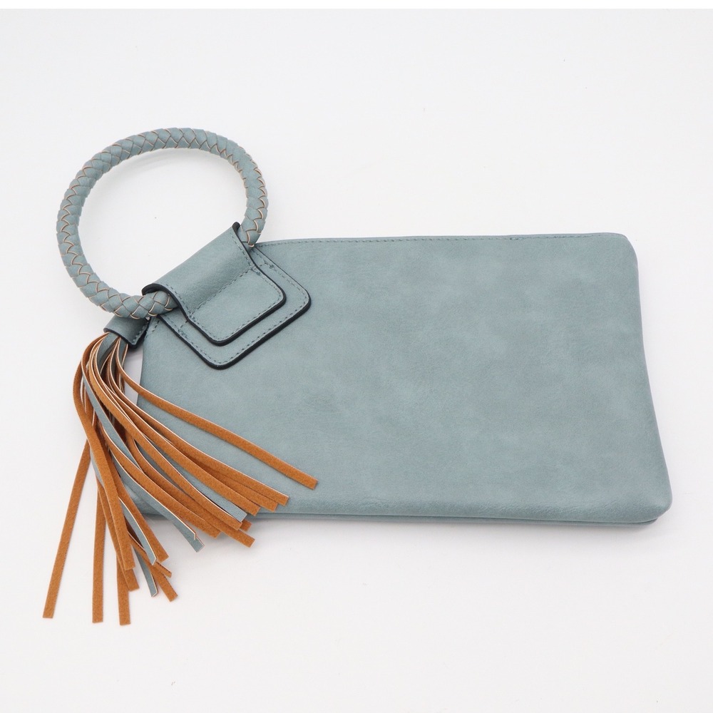 Dusty Blue Faux Leather Wristlet Clutch Braided O-Ring Handle Tassel
